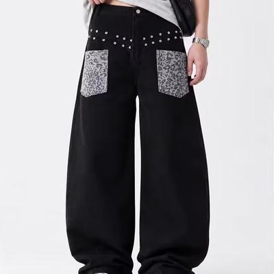 American Retro Cashew Flower Patch Embroidered Wide-leg Jeans Straight Loose Design Drape Long Pants