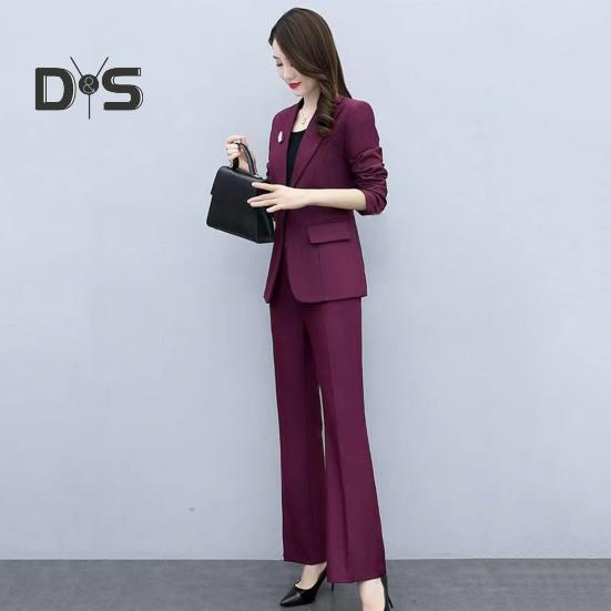 2 Pcs/Set Lady Formal Coat Pants Set Turn-down Collar Long Sleeves Suit Jacket Slim Fit Pure Color Flared Trousers Daily Wear Commuting Outfit Office