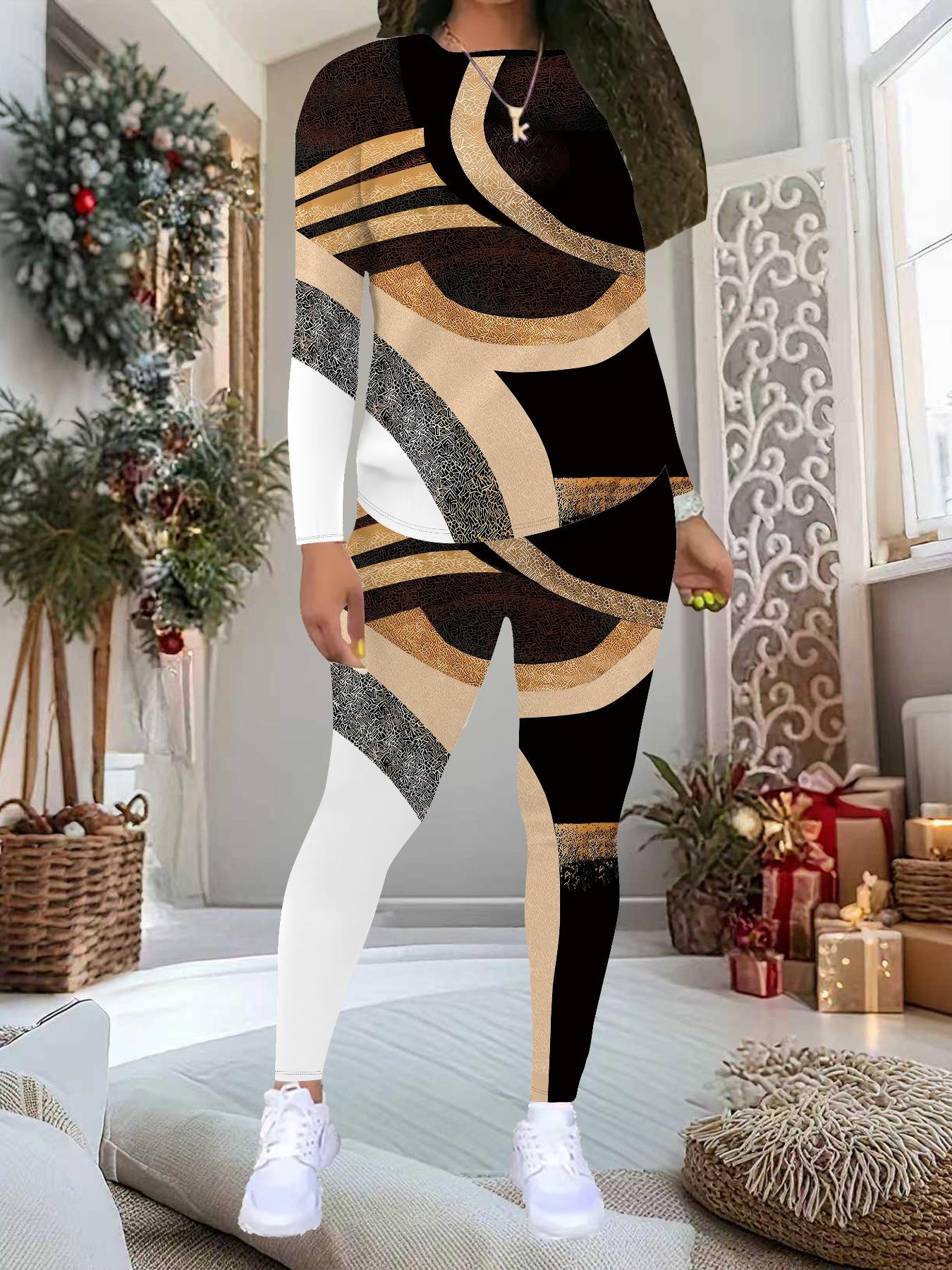 

Женский костюм-двойка с геометрическим принтом: Топ с длинным рукавом и круглым вырезом и брюки, праздничный лимитированный повседневный костюм для вечеринки в подарок XXL коричневый