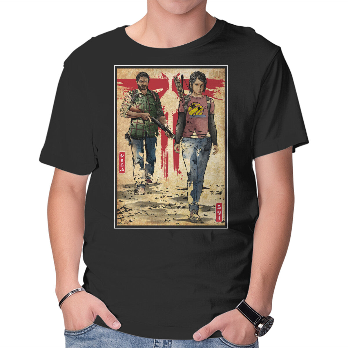 Unisex Crew Neck T-Shirt Joel And Ellie Woodblock Graphic Short Sleeve Casual Tee XXL