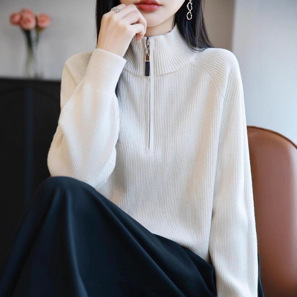 Spring and Autumn New Style Stand Collar Zipper Fashion Knitted Sweater for Women