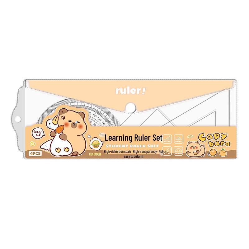 Capybara Cartoon Ruler Set: 4-Piece School Set with Protractor, Set Square, and Straight Ruler for Kids