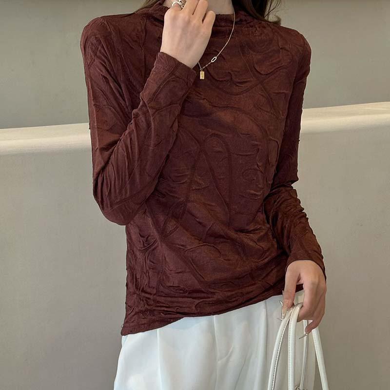 

Textured, semi-turtleneck inner long-sleeved pullover knitted sweater, early autumn solid-color pullover bottoming shirt top L