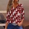 Women's Fashion Casual Christmas Print V-Neck Button Three-Quarter Sleeve T-Shirt Top