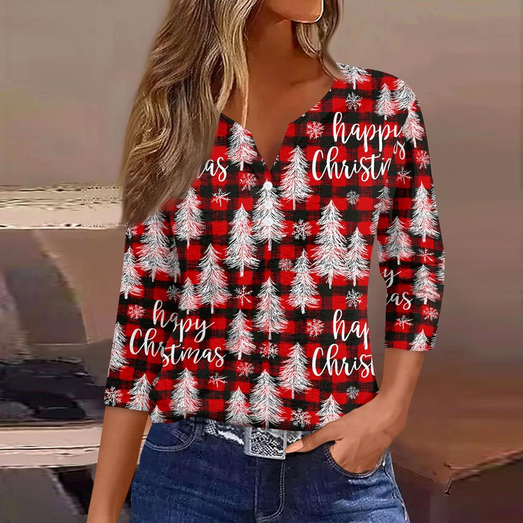 Women's Fashion Casual Christmas Print V-Neck Button Three-Quarter Sleeve T-Shirt Top