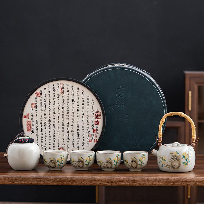 

Ru kiln retro beam teapot travel kung fu tea set dry tea tray small set outdoor portable high-end tea gift