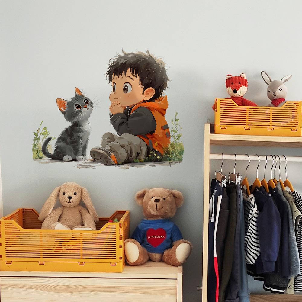 Cartoon Boy Cute Kitten Bedroom Living Room Home Background Beautification Decoration Wall Stickers