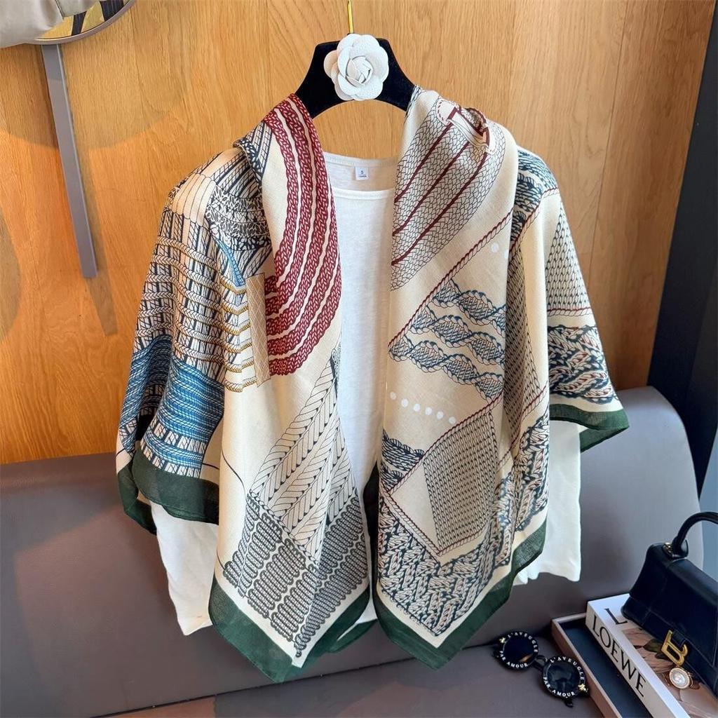 oversized beige flower travel sunscreen sunshade cotton and linen scarf women's silk scarf 111cm large square scarf shawl dual-purpose