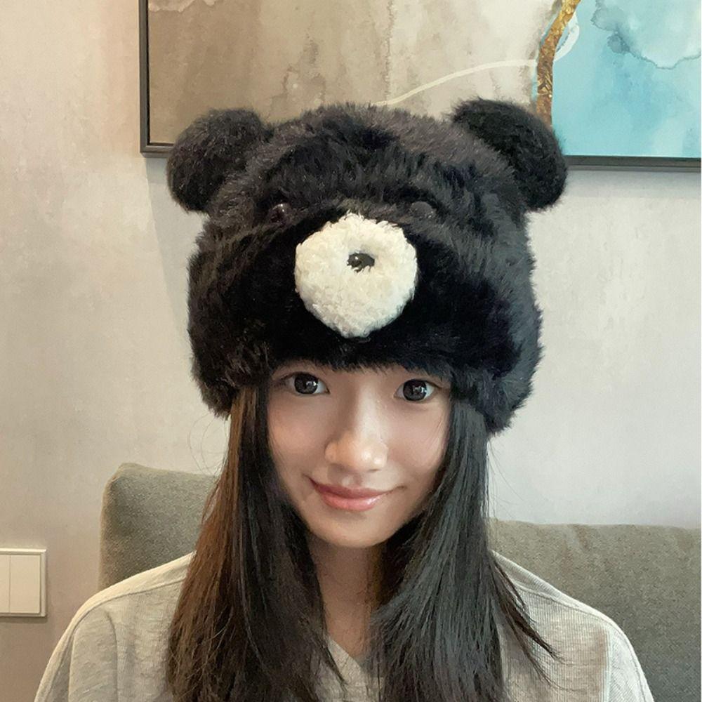 Warm Cute Bear Ear Hat Korean Pompom Beanie Cap Leisure Women Fluffy Hat  Girls
