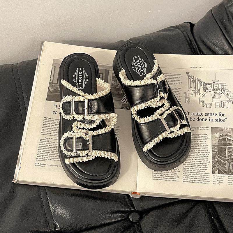 

Niche retro double-buckle slippers for women s outerwear 2025 new summer versatile thick-soled lace one-word slippers 35