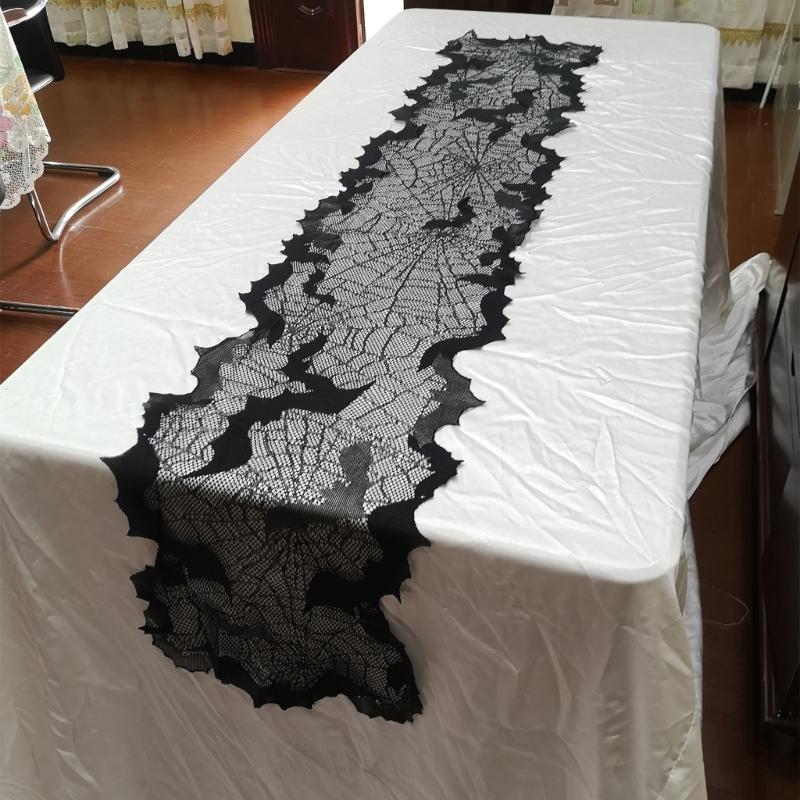 Gruselige Halloween-Dekoration 13x68 Zoll Schwarzer Tischläufer, Wasserabweisend mit Spinnennetz- und Fledermausmotiven für festliches Speisen
