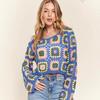 Handmade Crochet Rainbow Block Pullover: Forest Style Round Neck Long Sleeve Sweater