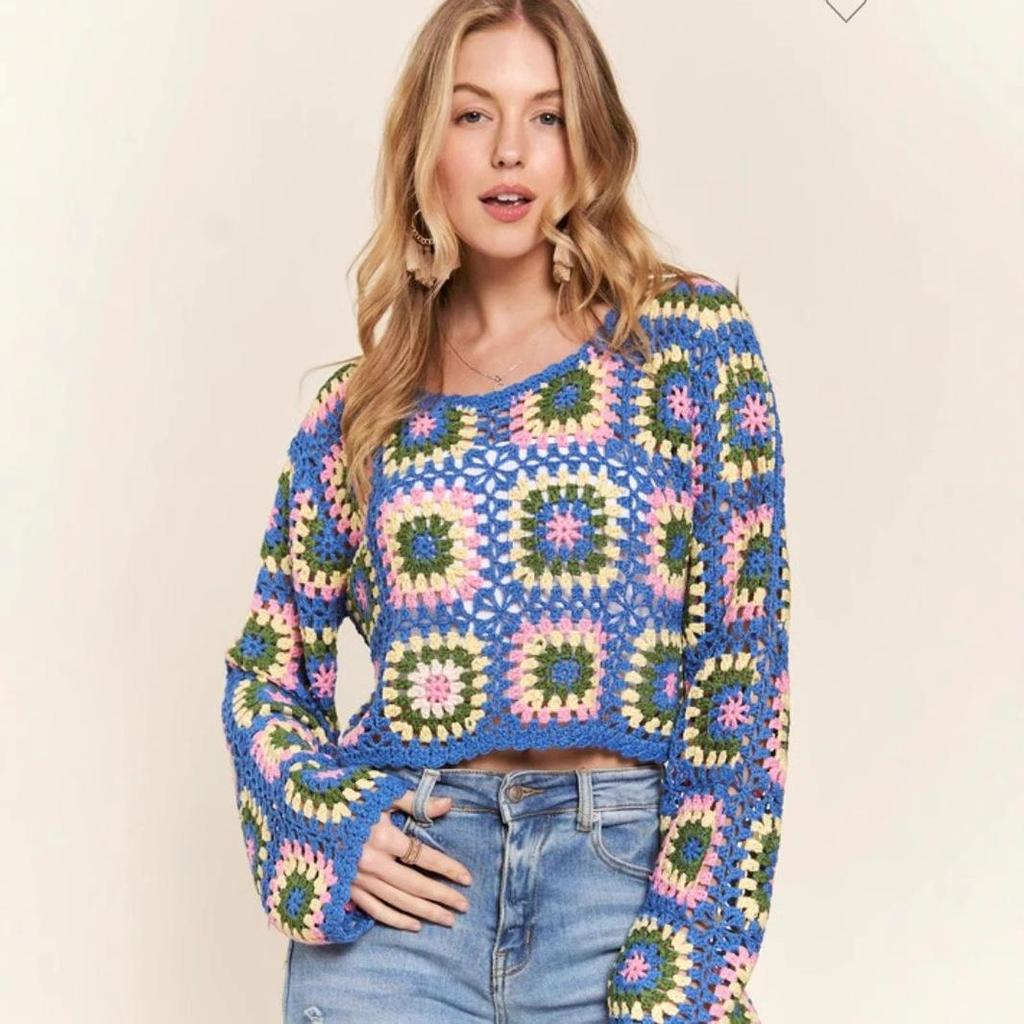 Handmade Crochet Rainbow Block Pullover: Forest Style Round Neck Long Sleeve Sweater