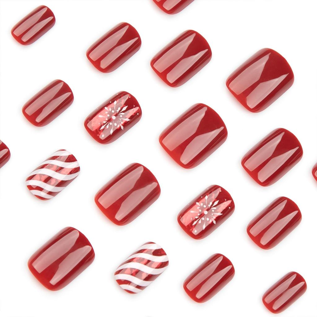 Christmas Press on Nails Short Square Red Fake Nails with Candy Cane Line Snowflake Glossy Designs Full Cover Press ons False Nails for Women 24 Pcs