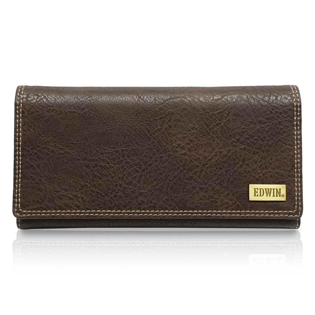 Long wallet made of textured synthetic leather with a compartments for and and a YKK plate, banknotes, coins, cards, zipper.