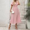 2026 Women's Summer V-neck Slit Dress with Bubble Short Sleeves, Mid-length