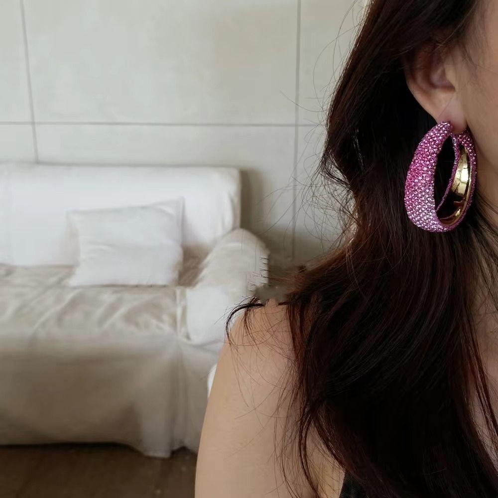 Exaggerate Shiny Rhinestones Big Hoop Earrings Geometric Round Unique Crystal Earrings Jewelry Accessories Jewelry Gifts