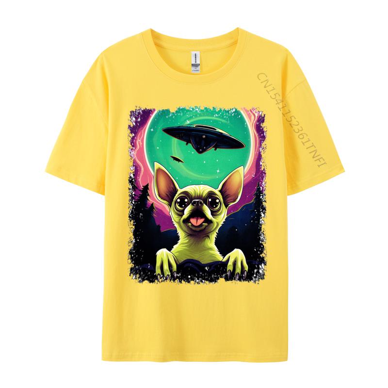100 Cotton Fabric Men Chihuahua Puppy Surprised Ufo Flying Saucer T Shirt Casual Tops Shirt 2024 Newest Tops Shirt