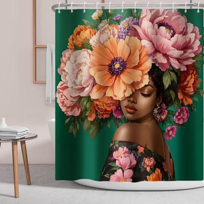 African American Woman Shower Curtain Black Woman Colorful Flower On Green Backdrop,Morden Fashion Gril Fabric Shower Curtains