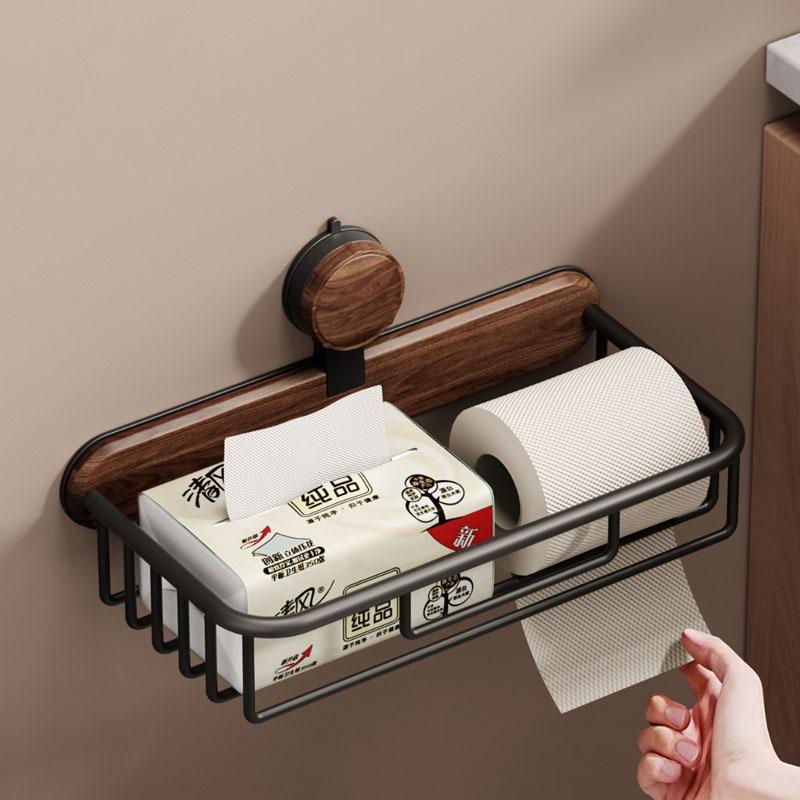 Suction cup walnut toilet tissue box no punching bathroom washbasin storage toilet roll paper storage rack toilet accessories
