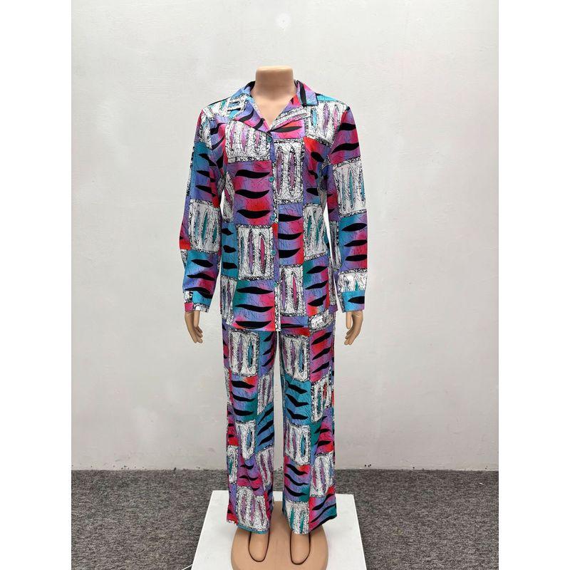 

European and American Fashion Casual Print Long sleeve Shirts Trousers Set Printed Shirt and Pants Set Blue XXL