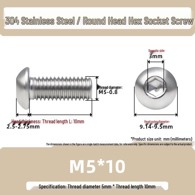 304 Stainless Steel Mushroom Head Hexagon Screw M2-M6