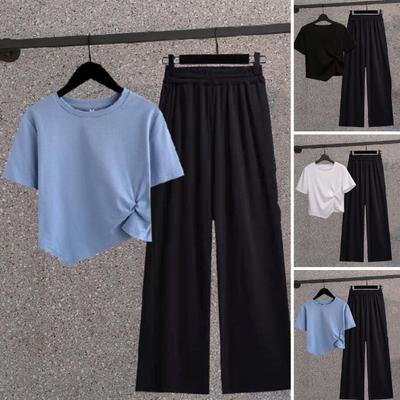 2 unids/set de camiseta y pantalones para mujer, conjunto informal con decoración de nudos, ropa deportiva con dobladillo Irregular, chándal de pierna ancha de estilo joven para mujer, ropa femenina