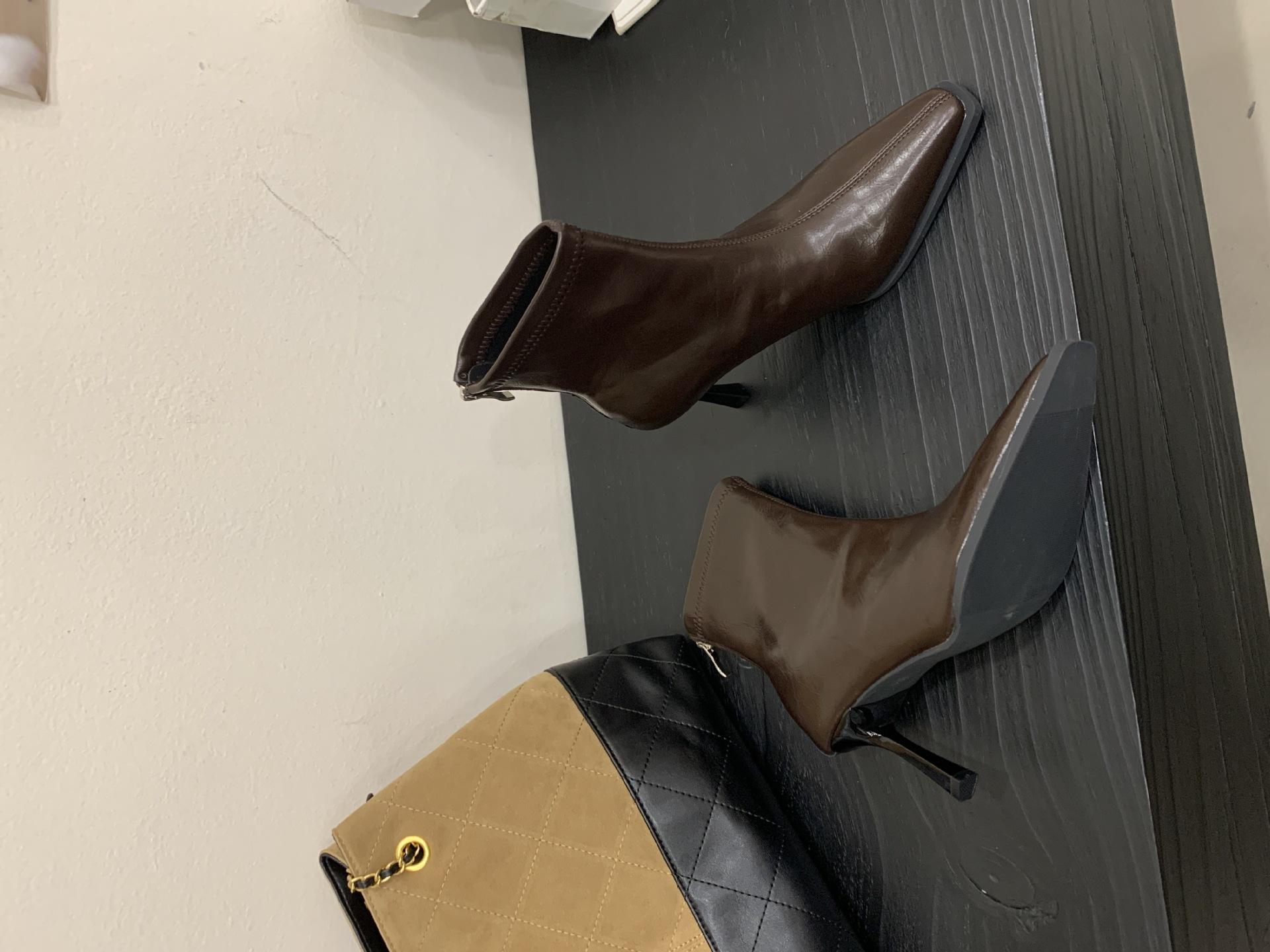 

2025 autumn and winter new design pointed thin heel fashion boots black sexy metal high heel thin boots women s short boots 39 коричневий