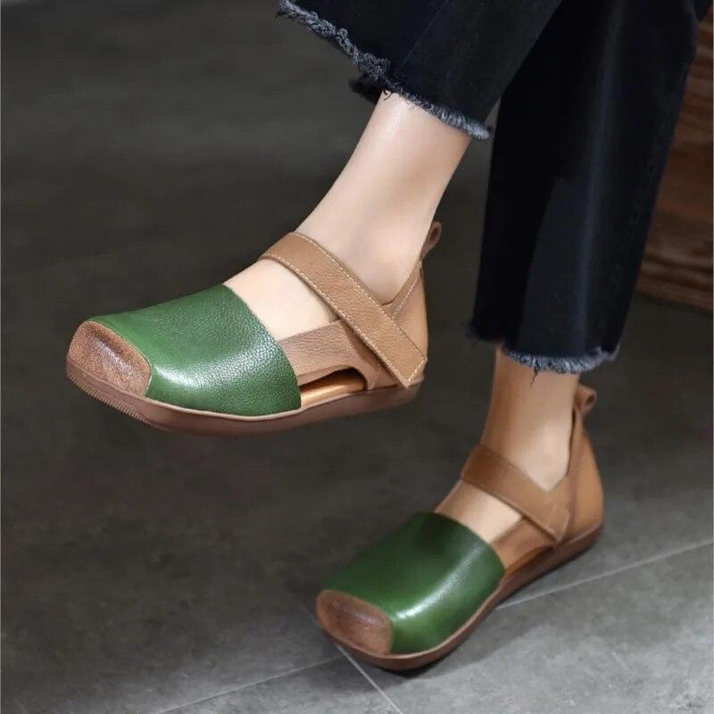 Johnature Retro Genuine Leather Sandals For Women's Mixed Colors Square Toe Soft Sole Flat Shoes