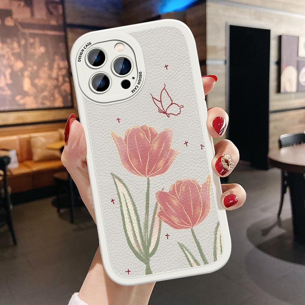 Slim Skin Feeling Cartoon Flowers Tulipany Miękkie silikonowe etui ze skóry PU na telefon Samsung Xiaomi Poco Redmi