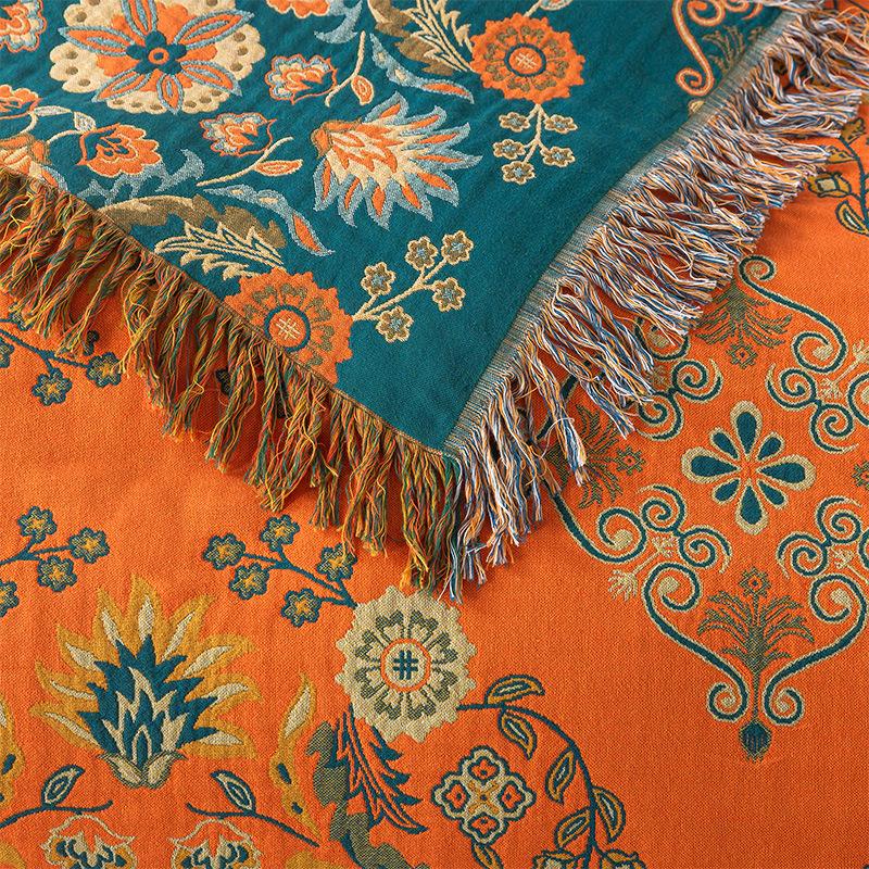 Bawełniany koc z frędzlami, wzór kwiatowy, dwustronny ręcznikowy pikowany koc, miękki pokrowiec na sofę, wygodny do codziennego użytku w domu