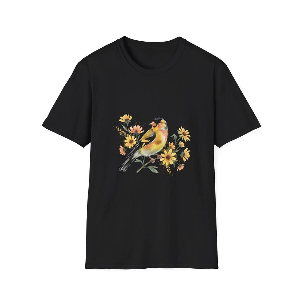 Fringuello Fiori Acquerello Natura Maglietta Nera Grafica Estetica T-Shirt