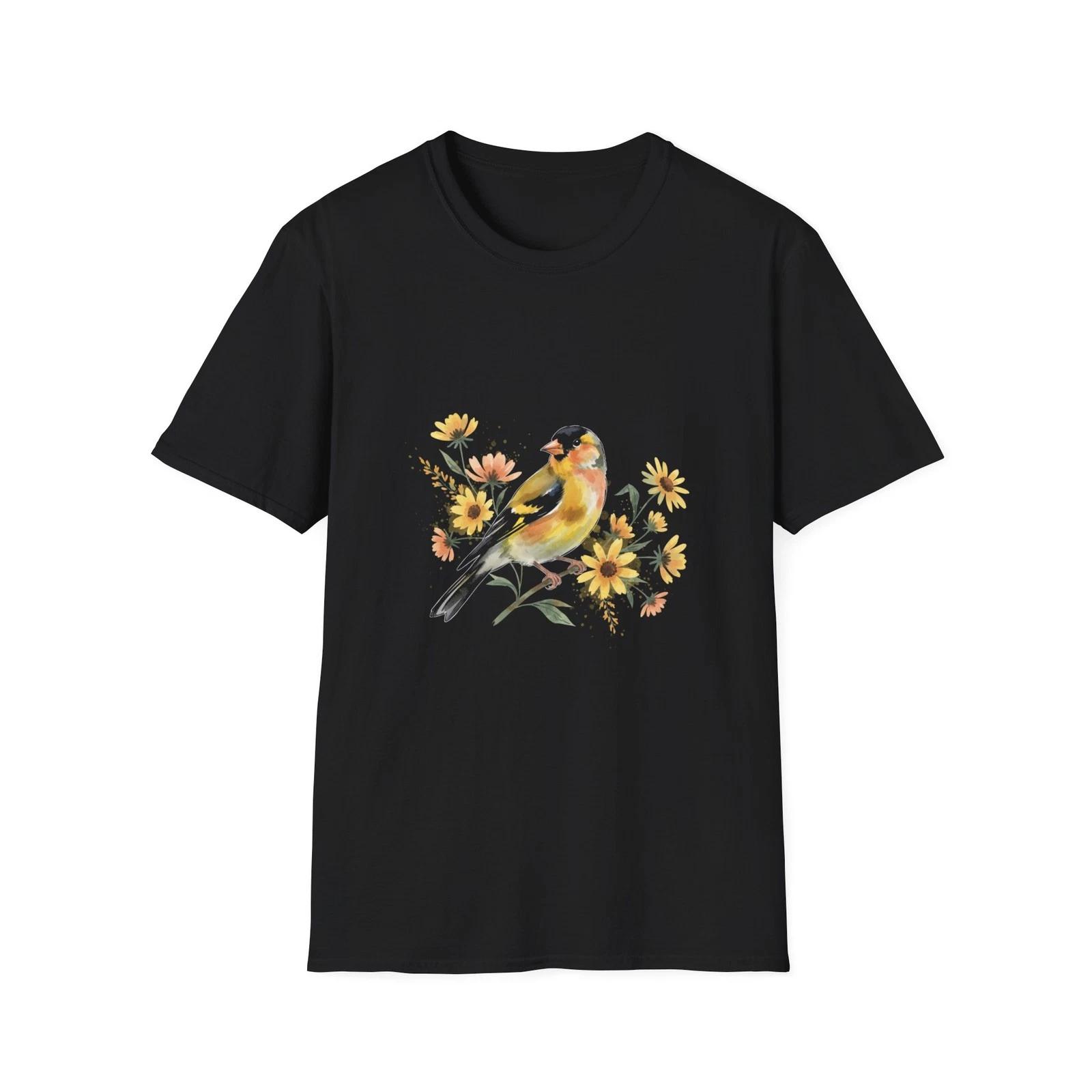 Goldfinch Flowers Watercolor Nature Black Tee Aesthetic Graphic T-Shirt 4XL