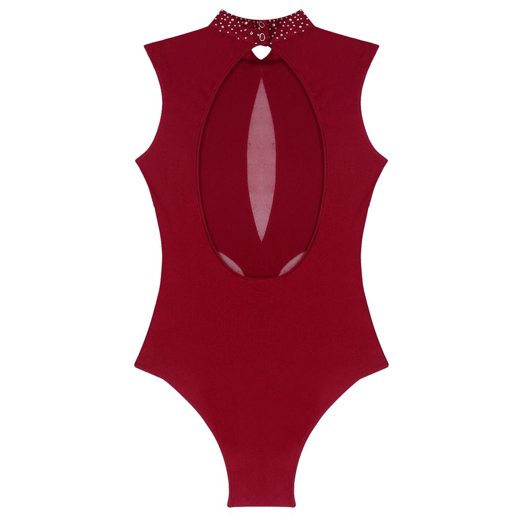 Womens Sparkly Rhinestones Figure Skating Leotard Sheer Mesh Patchwork Sleeveless Cutout Back Bodysuit for Gymnastics Dance Performance