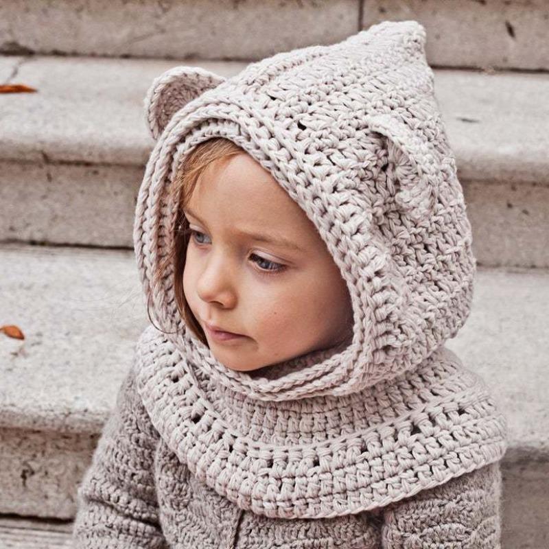 eBay Hot Sale Handmade Crochet Hat Children's Animal Ears Wool Hat Scarf Hooded Bear Hat