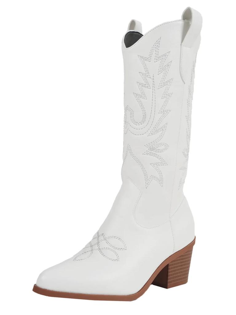 Damen Mittelhohe Stiefel Hochwertiger Lederstiefel Retro Western Cowboystiefel Modische Spitz zulaufende High Heel Stiefel für Damen Botas Mujer