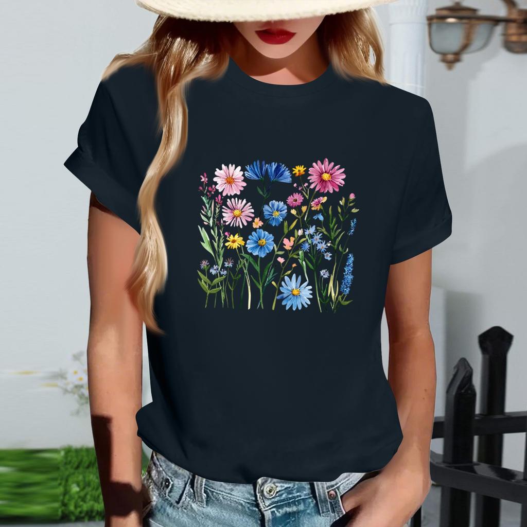 Damernas Mode Rundhalsad Casual Retrotryck Kortärmad T-shirt Topp