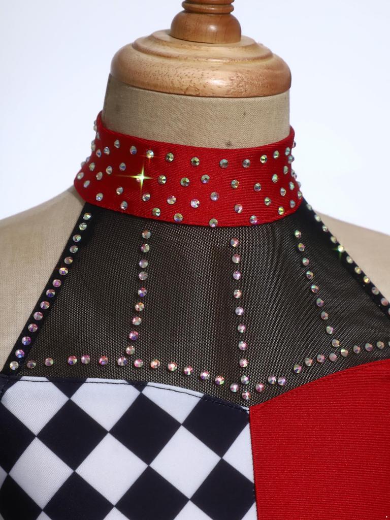 Dívčí klaunský kostým Triko s barevnými bloky Patchwork Zdobení kamínky Zavinovací bez rukávů s odhalenými zády Kombinéza