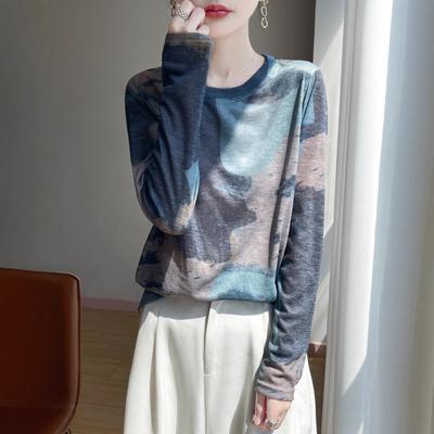 Nuovo Stile Primavera ed Estate Girocollo Stampato Manica Lunga Semplice e Non Convenzionale Fantasia Base Top Abito Casual da Donna Versatile
