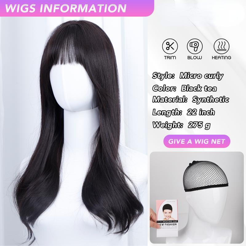 22 Inch Brown Curly Wigs Air Bangs Fiber Synthetic Heat-resistant Wave Hair Sweet And Natural Party or Selfie Korean Fashion