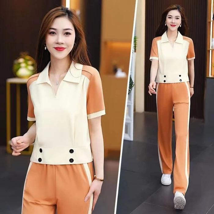 Conjunto de Ropa Deportiva Casual de Verano para Mujer Diseño Envejecido Solapa Top de Manga Corta + Pantalones Conjunto de Dos Piezas