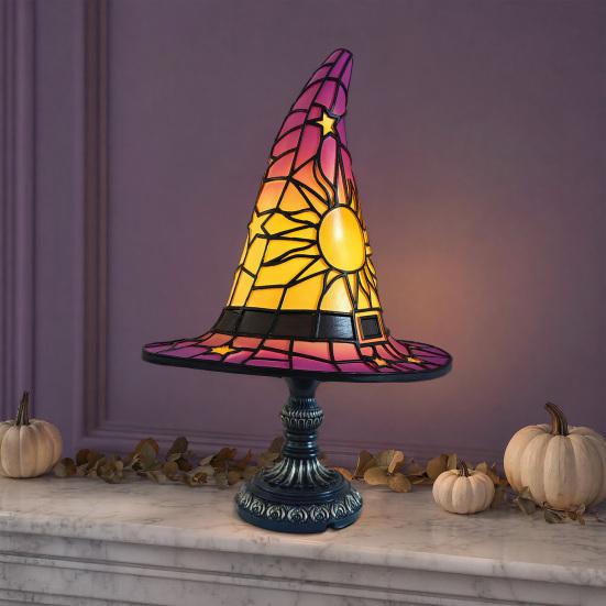 Stained Glass Witch Hat Lamp, USB Powered Night Light for Bedroom Shelf Decor, Halloween Warm Glow Gothic Table Lamp for Home