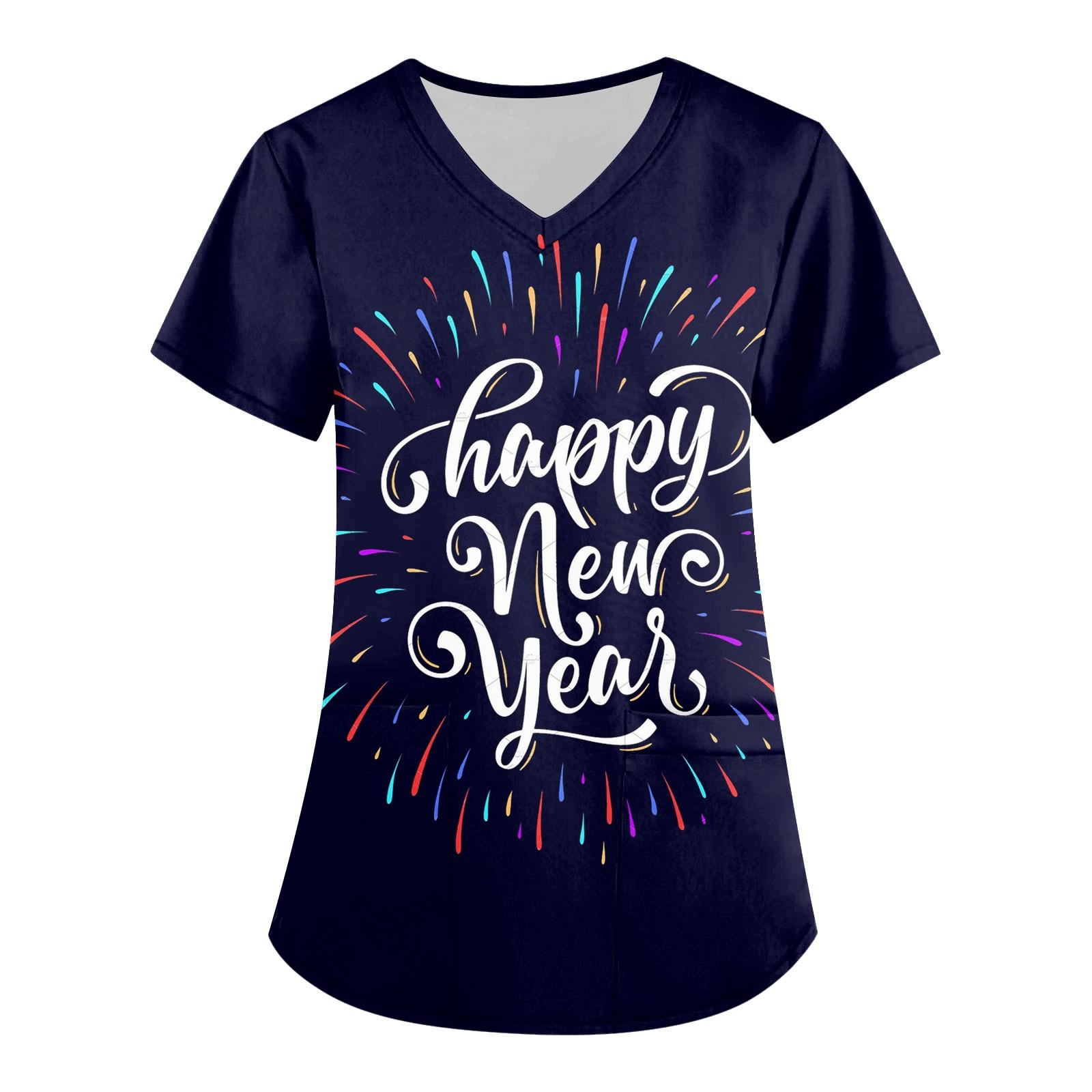 

Женская мода 2024, новогодние топы с принтом и короткими рукавами и V-образным вырезом, рабочие футболки с карманами M белый