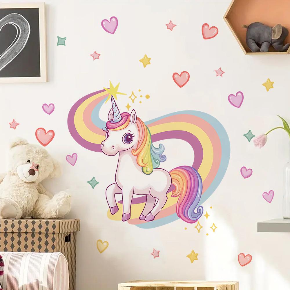 Schattige Eenhoorn Regenboog Muursticker Kinderkamer Slaapkamer Wanddecoratie Zelfklevende Muurkunst