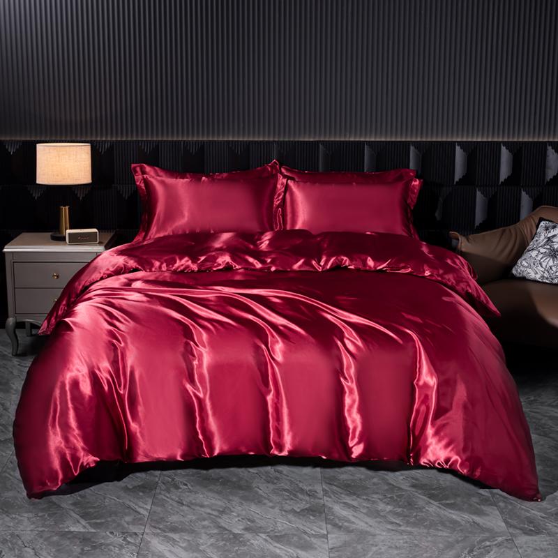 Solid Satin Bedding Set Soft Smooth Duvet Cover Sheet Pillowcase For Twin Full Queen King Size Beds