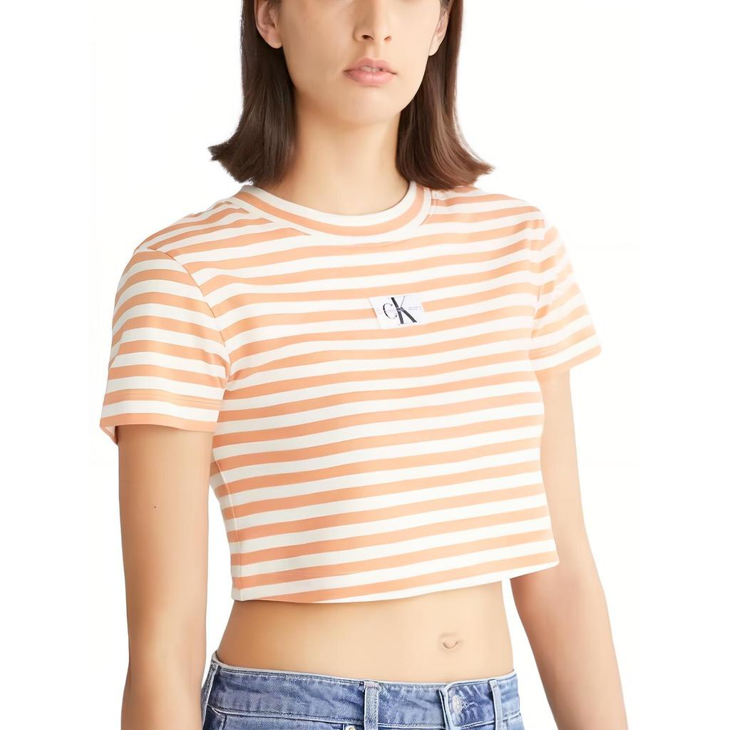 Calvin Klein Gestreiftes Rundhals Kurzarm T-Shirt Damenoberteile Elfenbein Tropisch-Orange J20J222196-YBI