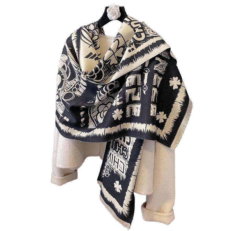 Imitation Cashmere Scarf Versatile Camellia Four-leaf Clover Thermal Air Conditioner Shawl with Fashionable Scarf