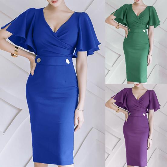 

Женские Нижние Юбки Плюс Размер Офисные Леди Сплошной Цвет Две Пуговицы Декор V-образным Вырезом Короткие Рукава Облегающее Платье Миди