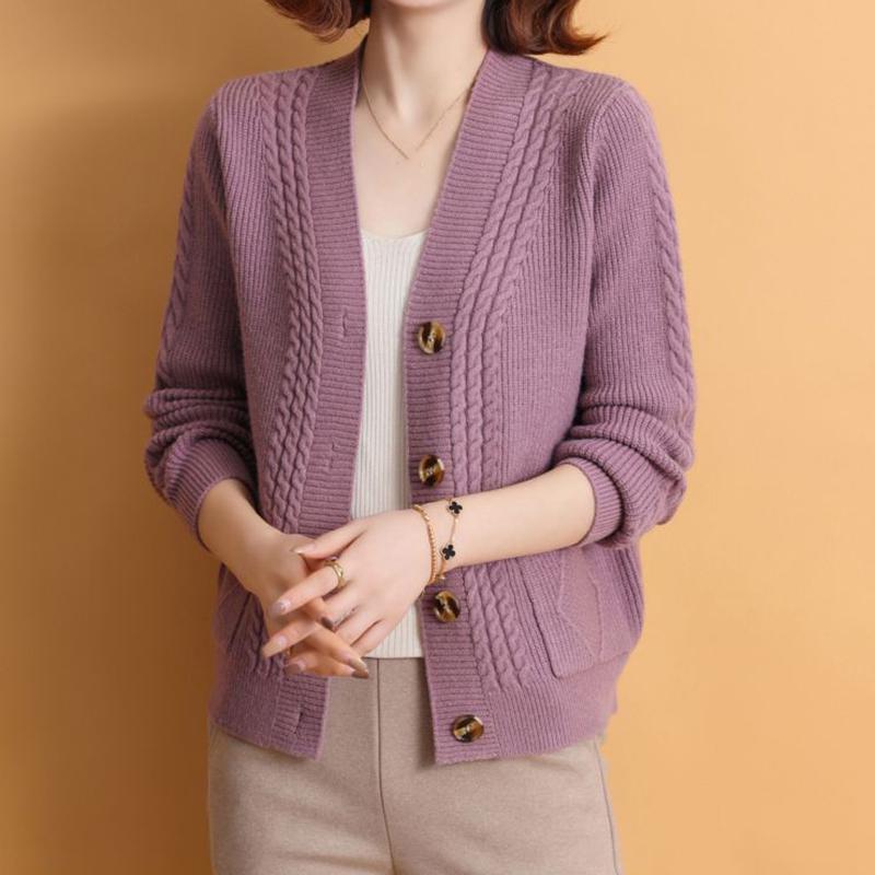 Cardigan Tricotado Decote V Outono Inverno Mulher Simples Manga Longa Torcido Camisolas Mulher Combinação Total Cardigans Abotoamento Simples Senhoras