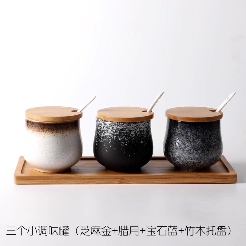 Ceramic Seasoning Jar, Bamboo Lid, Spice Jar with Spoon, Spice Storage Box, Salt and Pepper, Kitchen Storage Container